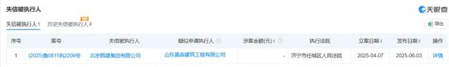 北京韩建集团四月刚列失信名单 又再添818万新执行 累计被执行额达1.8亿